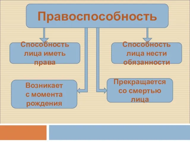 Правоспособность Способность лица иметь права Способность лица нести обязанности Возникает с