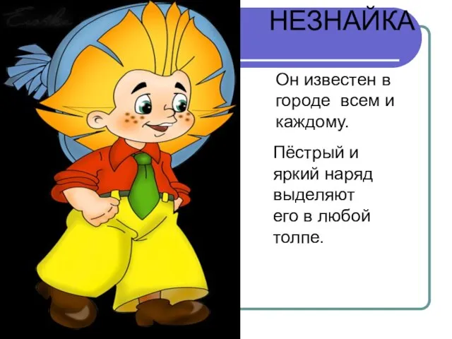 НЕЗНАЙКА Он известен в городе всем и каждому. Пёстрый и яркий