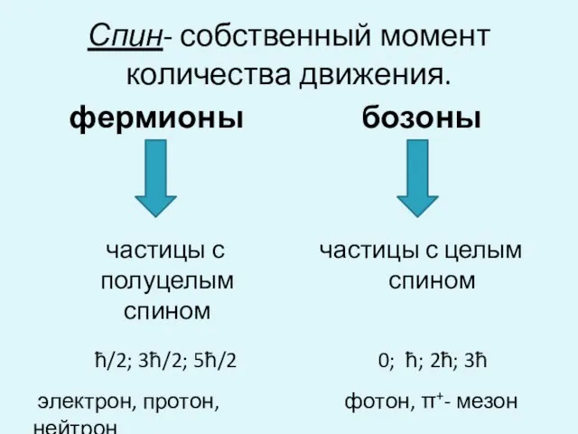 Спин- собственный момент количества движения. фермионы частицы с полуцелым спином бозоны