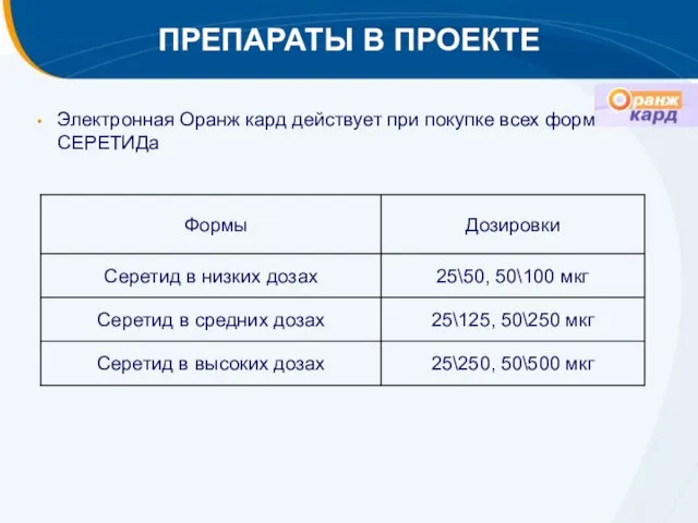 ПРЕПАРАТЫ В ПРОЕКТЕ Электронная Оранж кард действует при покупке всех форм СЕРЕТИДа