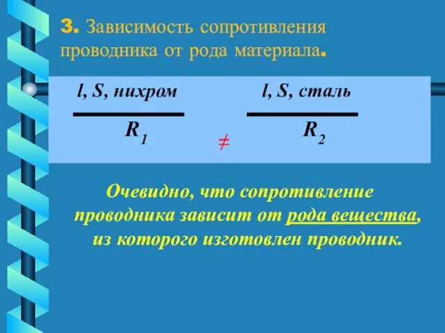 3. Зависимость сопротивления проводника от рода материала. l, S, нихром l,