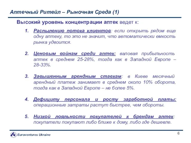 Аптечный Ритейл – Рыночная Среда (1) Высокий уровень концентрации аптек ведет