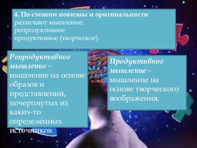 4. По степени новизны и оригинальности различают мышление: репродуктивное продуктивное (творческое).