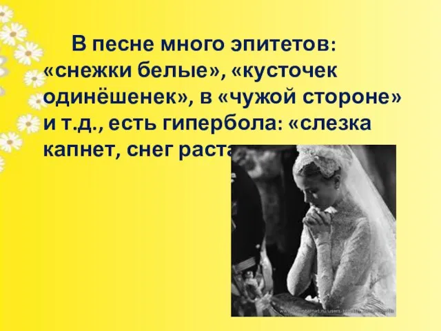 В песне много эпитетов: «снежки белые», «кусточек одинёшенек», в «чужой стороне»