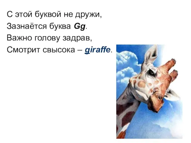 С этой буквой не дружи, Зазнаётся буква Gg. Важно голову задрав, Смотрит свысока – giraffe.