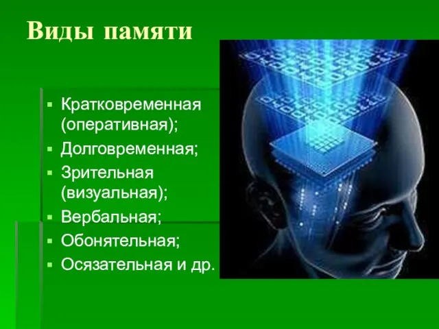 Виды памяти Кратковременная (оперативная); Долговременная; Зрительная (визуальная); Вербальная; Обонятельная; Осязательная и др.