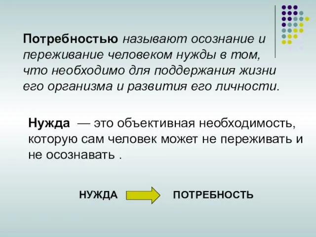 Потребностью называют осознание и переживание человеком нужды в том, что необходимо