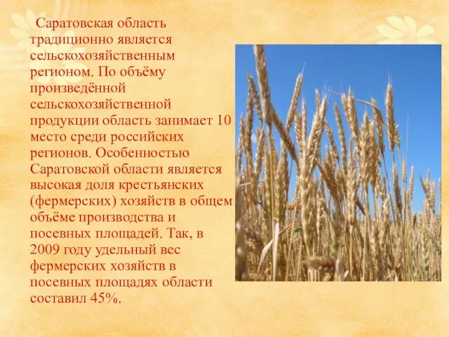 Саратовская область традиционно является сельскохозяйственным регионом. По объёму произведённой сельскохозяйственной продукции