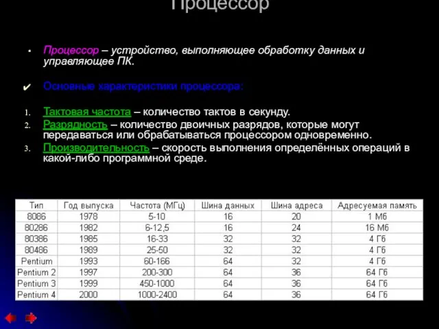 Процессор Процессор – устройство, выполняющее обработку данных и управляющее ПК. Основные