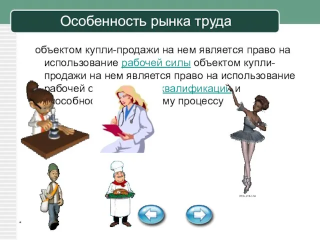 * Особенность рынка труда объектом купли-продажи на нем является право на