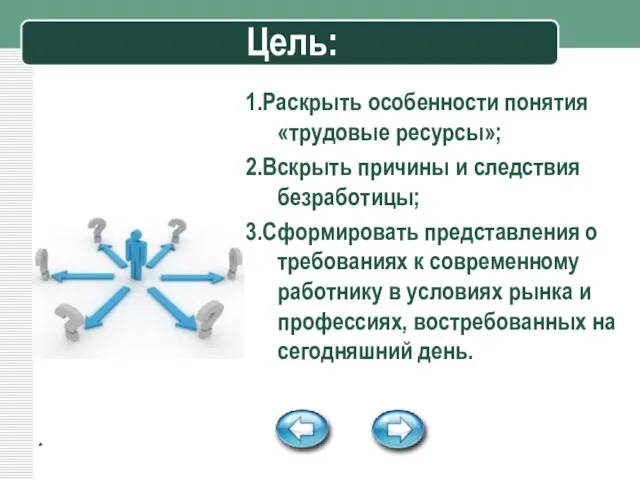 * Цель: 1.Раскрыть особенности понятия «трудовые ресурсы»; 2.Вскрыть причины и следствия