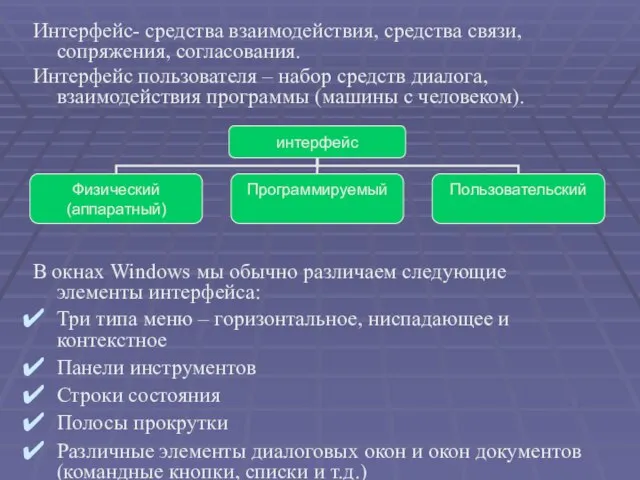 Интерфейс- средства взаимодействия, средства связи, сопряжения, согласования. Интерфейс пользователя – набор