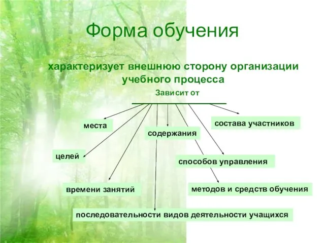 Форма обучения характеризует внешнюю сторону организации учебного процесса Зависит от места