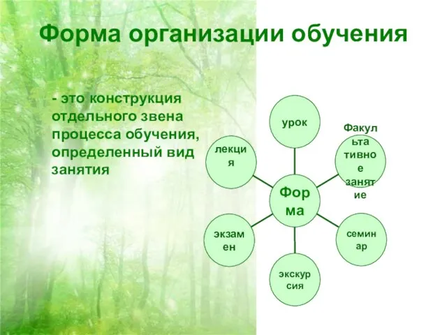 Форма организации обучения - это конструкция отдельного звена процесса обучения, определенный вид занятия