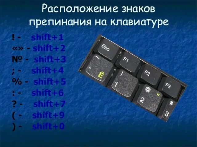 Расположение знаков препинания на клавиатуре ! - shift+1 «» - shift+2