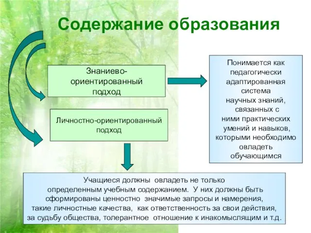 Содержание образования Знаниево-ориентированный подход Понимается как педагогически адаптированная система научных знаний,