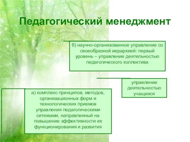 Педагогический менеджмент а) комплекс принципов, методов, организационных форм и технологических приемов