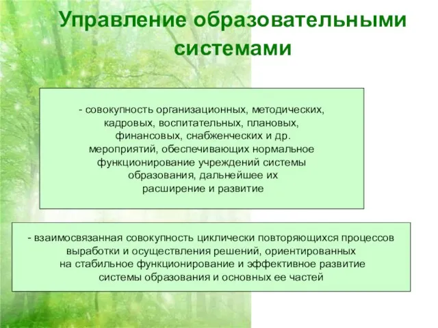 Управление образовательными системами - совокупность организационных, методических, кадровых, воспитательных, плановых, финансовых,