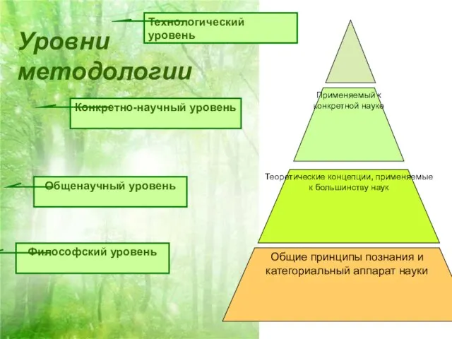 Применяемый к конкретной науке Теоретические концепции, применяемые к большинству наук Общие