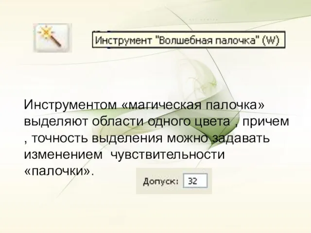 Инструментом «магическая палочка» выделяют области одного цвета , причем , точность