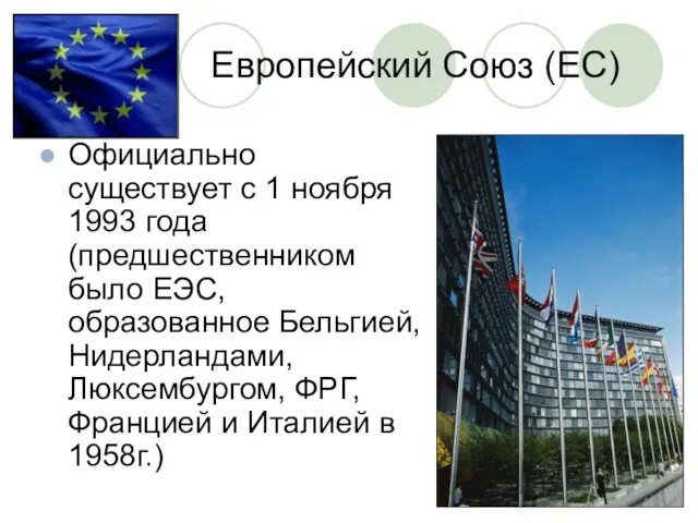 Европейский Союз (ЕС) Официально существует с 1 ноября 1993 года (предшественником