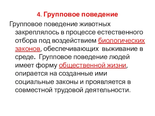 4. Групповое поведение Групповое поведение животных закреплялось в процессе естественного отбора