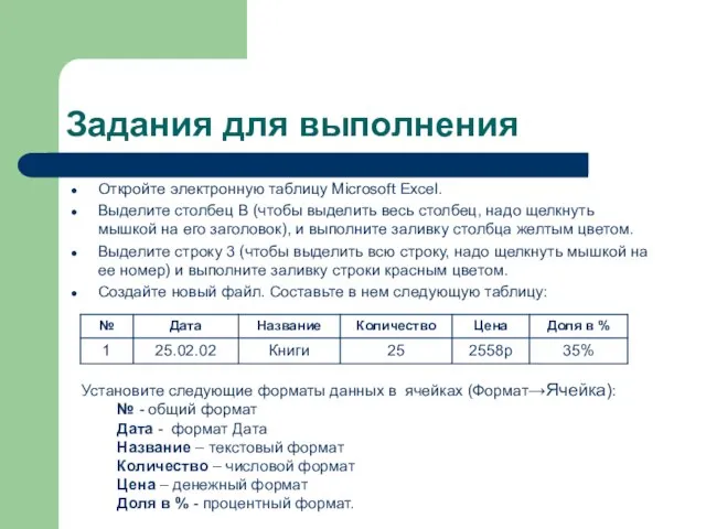 Задания для выполнения Откройте электронную таблицу Microsoft Excel. Выделите столбец В