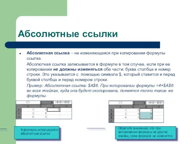 Абсолютные ссылки Абсолютная ссылка – не изменяющаяся при копировании формулы ссылка.