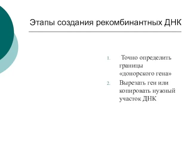 Этапы создания рекомбинантных ДНК Точно определить границы «донорского гена» Вырезать ген или копировать нужный участок ДНК