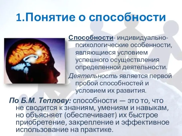 1.Понятие о способности Способности- индивидуально-психологические особенности, являющиеся условием успешного осуществления определенной