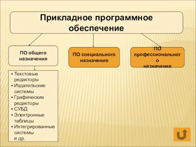 Прикладное программное обеспечение ПО общего назначения ПО специального назначения ПО профессионального