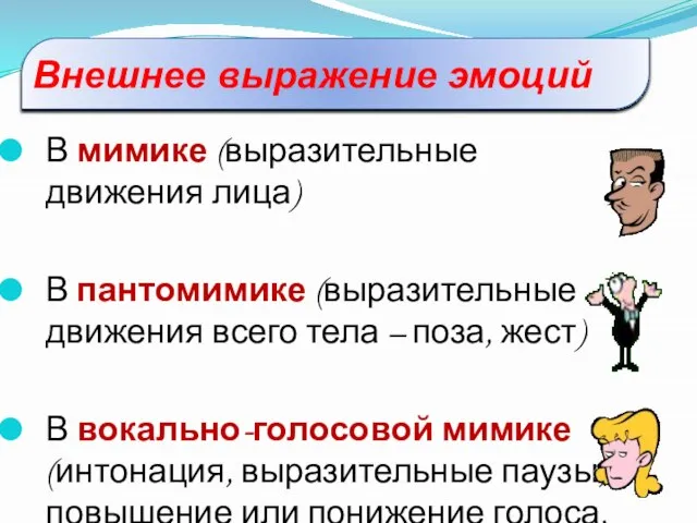 Внешнее выражение эмоций В мимике (выразительные движения лица) В пантомимике (выразительные