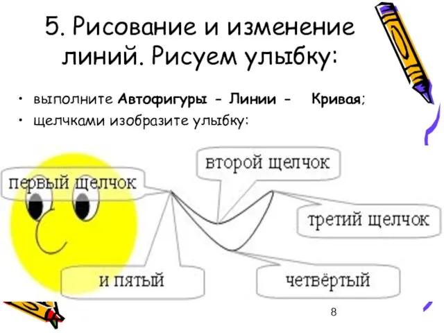 5. Рисование и изменение линий. Рисуем улыбку: выполните Автофигуры - Линии - Кривая; щелчками изобразите улыбку: