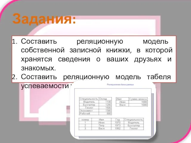 Задания: Составить реляционную модель собственной записной книжки, в которой хранятся сведения