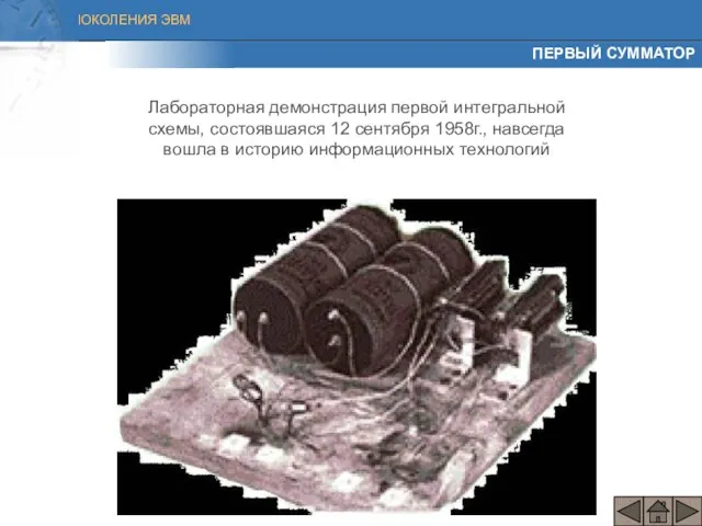 ПЕРВЫЙ СУММАТОР Лабораторная демонстрация первой интегральной схемы, состоявшаяся 12 сентября 1958г.,