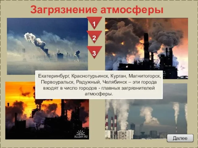 Загрязнение атмосферы На долю промышленных районов Урала приходится 46% выбросов в