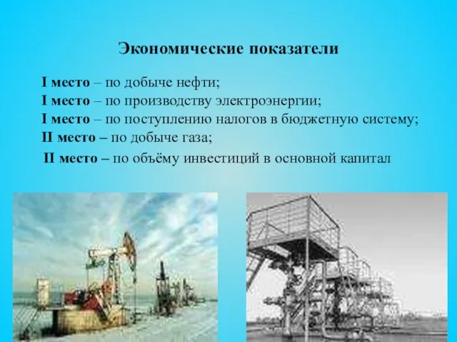 Экономические показатели I место – по добыче нефти; I место –