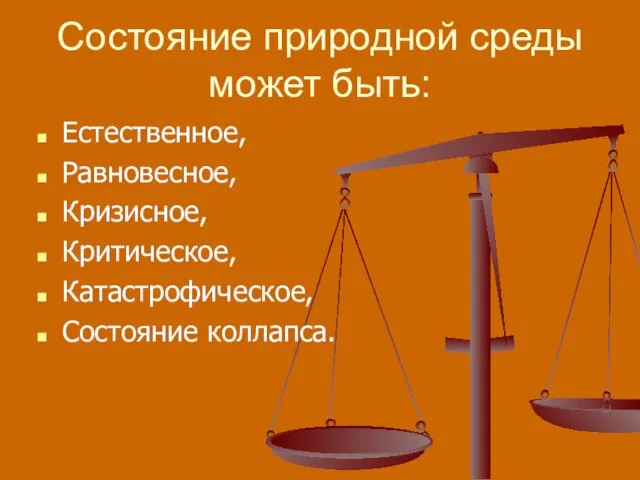 Состояние природной среды может быть: Естественное, Равновесное, Кризисное, Критическое, Катастрофическое, Состояние коллапса.