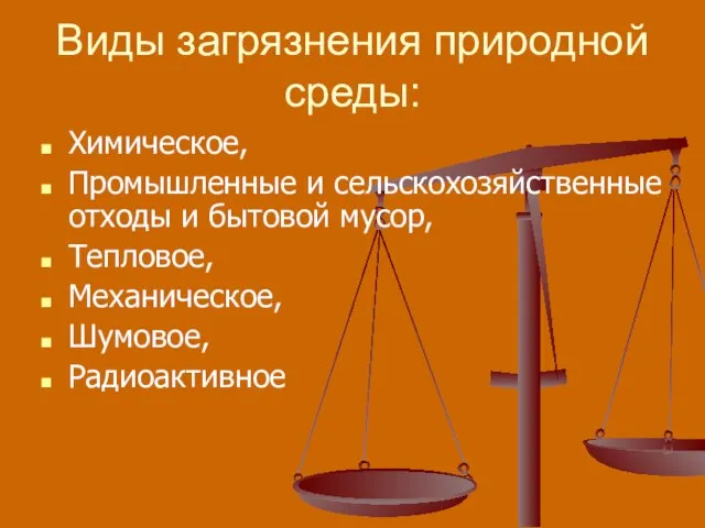 Виды загрязнения природной среды: Химическое, Промышленные и сельскохозяйственные отходы и бытовой мусор, Тепловое, Механическое, Шумовое, Радиоактивное