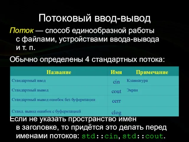 Потоковый ввод-вывод Поток — способ единообразной работы с файлами, устройствами ввода-вывода