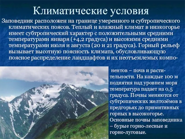 Климатические условия Заповедник расположен на границе умеренного и субтропического климатических поясов.