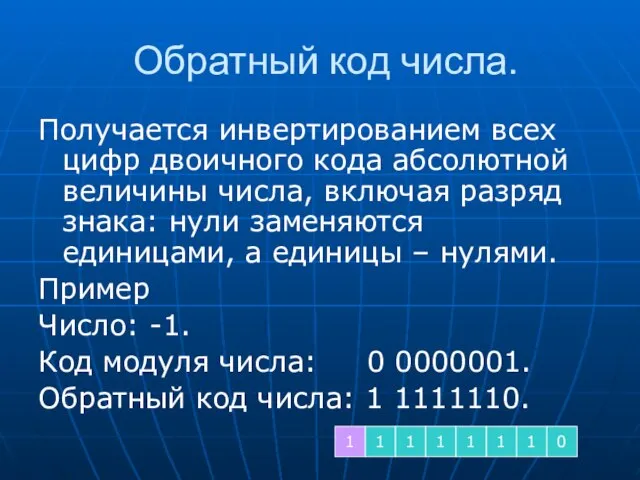 Обратный код числа. Получается инвертированием всех цифр двоичного кода абсолютной величины