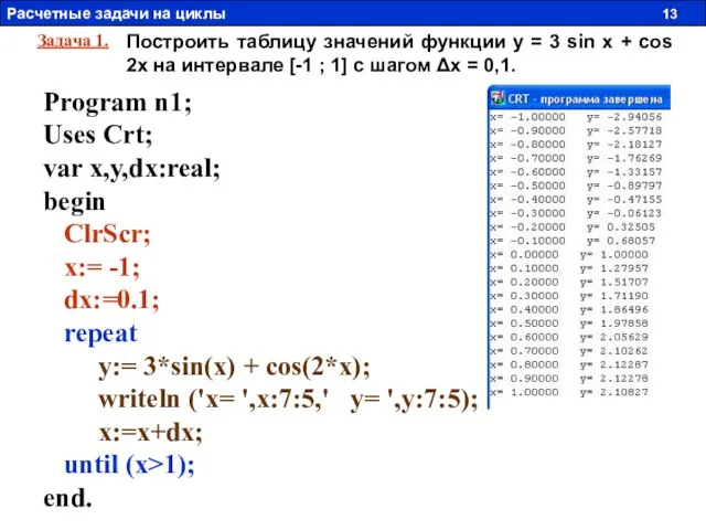 Построить таблицу значений функции y = 3 sin x + cos