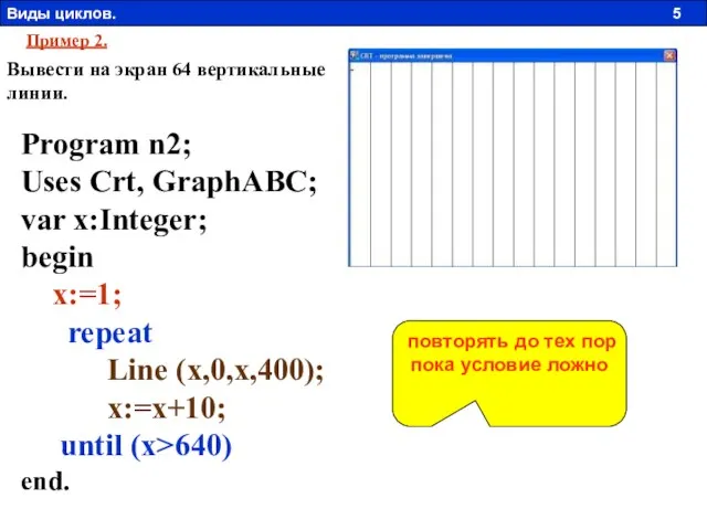 Пример 2. Вывести на экран 64 вертикальные линии. Program n2; Uses