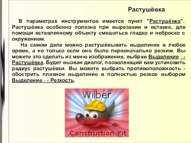 Растушёвка В параметрах инструментов имеется пункт "Растушёвка". Растушёвка особенно полезна при