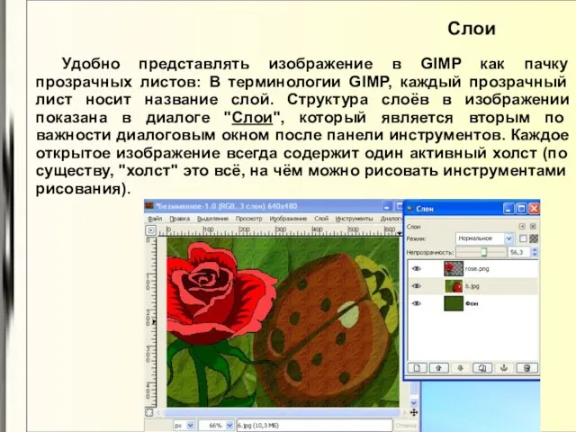 Удобно представлять изображение в GIMP как пачку прозрачных листов: В терминологии