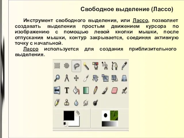 Свободное выделение (Лассо) Инструмент свободного выделения, или Лассо, позволяет создавать выделения