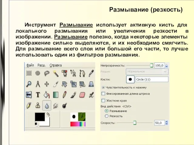 Размывание (резкость) Инструмент Размывание использует активную кисть для локального размывания или