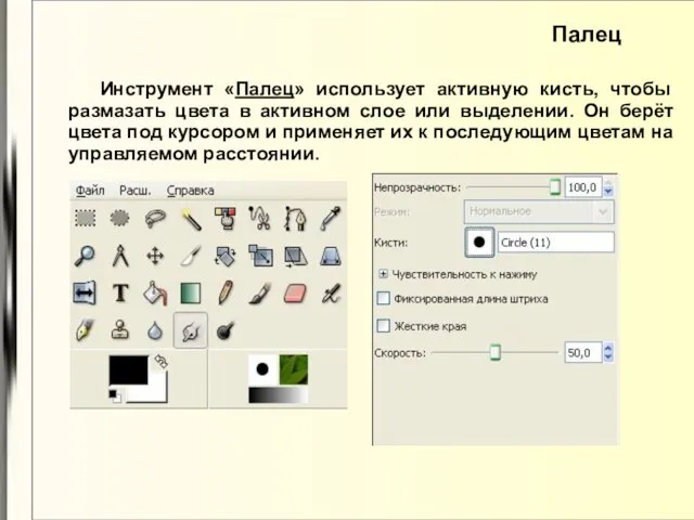 Палец Инструмент «Палец» использует активную кисть, чтобы размазать цвета в активном