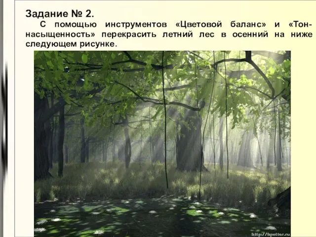 Задание № 2. С помощью инструментов «Цветовой баланс» и «Тон-насыщенность» перекрасить